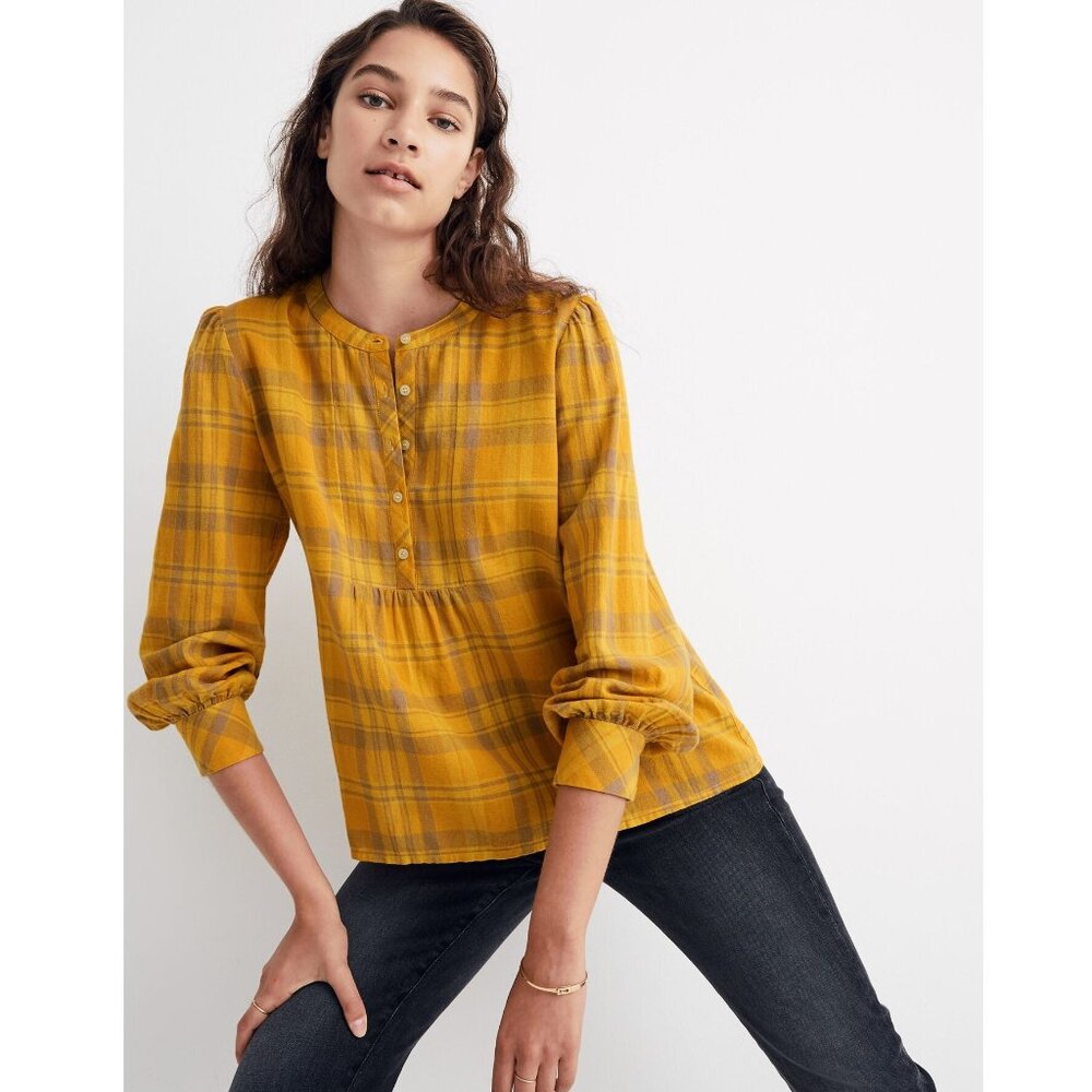 Madewell Leysfield Popover Top S Yellow Plaid Flannel Long Sleeve Shirt Fall